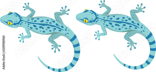 Foto Blue Gecko Lizard Reptile Character Collection with Tropical Wildlife Cartoon An