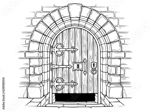 Coloring Page of a Medieval Wooden Door in a Stone Archway Line Art