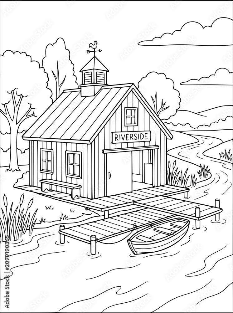 Fototapeta premium Riverside Boathouse with Dock and Boat Coloring Page for Kids