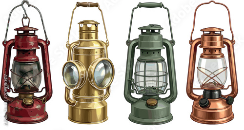 Foto Vintage Kerosene Lantern and Oil Lamp Vector Illustration Set Featuring Antique