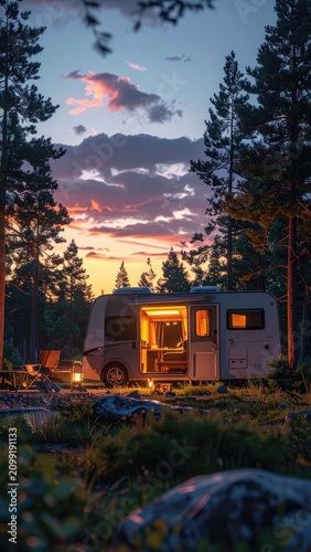 A camper van is parked in a forest clearing at sunset with the interior lights on.