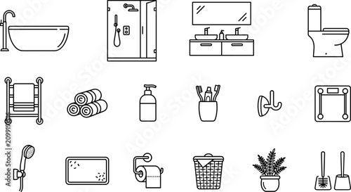 Bathroom Interior Line Icon Set with Bathtub Shower Cabin Toilet Vanity Unit Towels and Plumbing Fixtures Vector Outline Illustrations for Housekeeping Designs