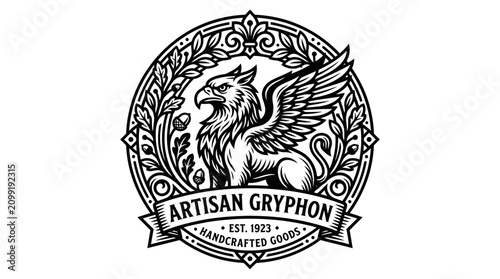 Vintage emblem logo featuring a detailed gryphon creature inside a decorative circular frame.