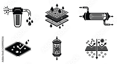 Bild auf Leinwand Water Filtration System Icons Black Vector Illustration On White Background