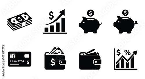 Financial Icons Set Black Vector Graphics On White Background