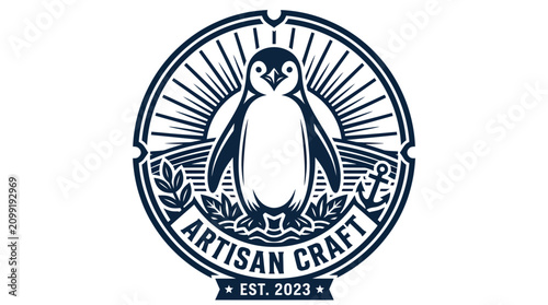 Vintage style logo featuring a penguin mascot for Artisan Craft.