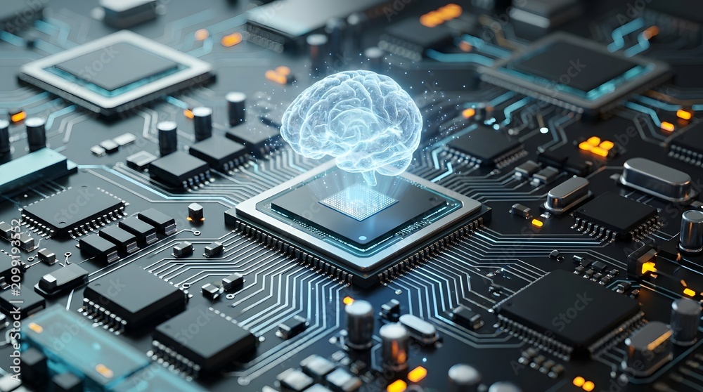 Fototapeta premium Glowing holographic brain hovering above central processor unit on motherboard representing artificial intelligence machine learning and neural networks