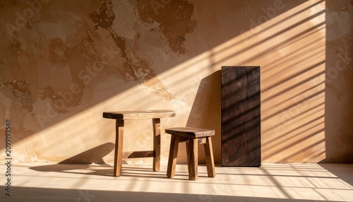 Stool Wooden Furniture and Dark Board with Sunlight Shadows on Textured Wall