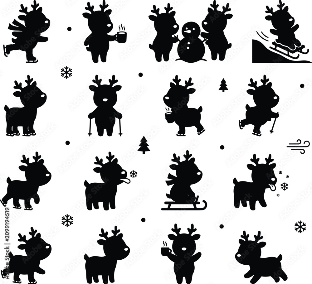 Obraz premium Cute Christmas Reindeer Winter Activity Silhouette Collection Featuring Holiday Deer Sledding Snowman Coffee Ice Skating Black Vector Illustration Set