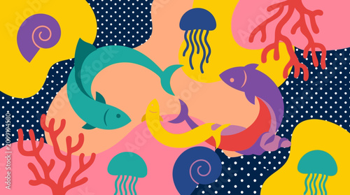 Photography Vibrant illustration of a colorful underwater scene with fish, jellyfish, and coral reefs