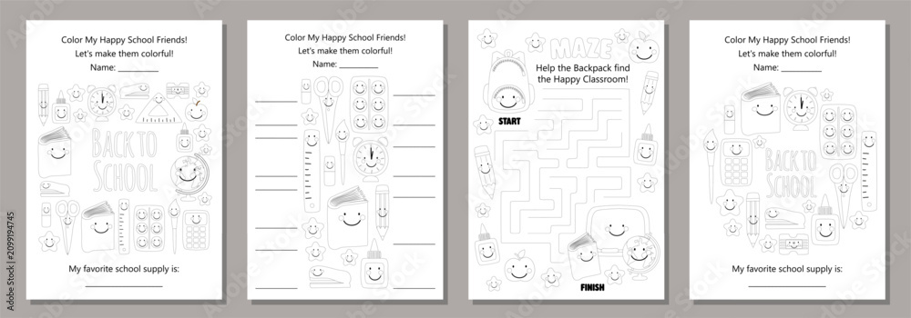 Fototapeta premium Set of Back to School Coloring Pages with Happy School Supplies and Classroom Objects