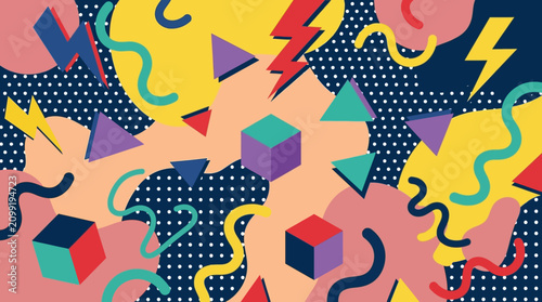 Photos Vibrant geometric pattern featuring shapes and symbols on colorful background