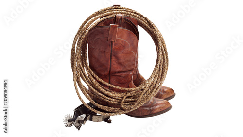 Vintage Leather Cowboy Boots with Lasso and Spur Isolated on transparent BG