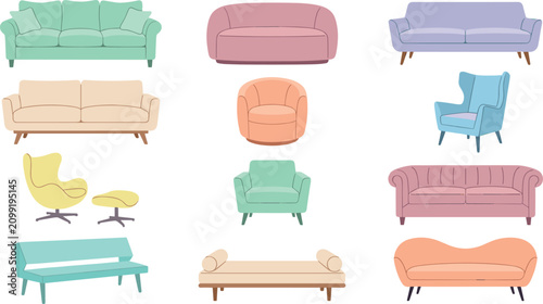Modern Couch and Sofa Furniture Icon Set with Pastel Chesterfield Loveseats Daybeds Wingback Armchairs and Ottoman Vector Illustrations for Cozy Interior Layouts