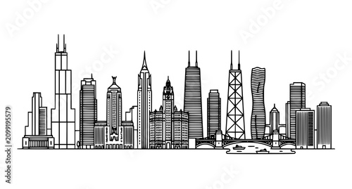 Fotografía Chicago City Skyline Thin Line Vector Illustration on White Background