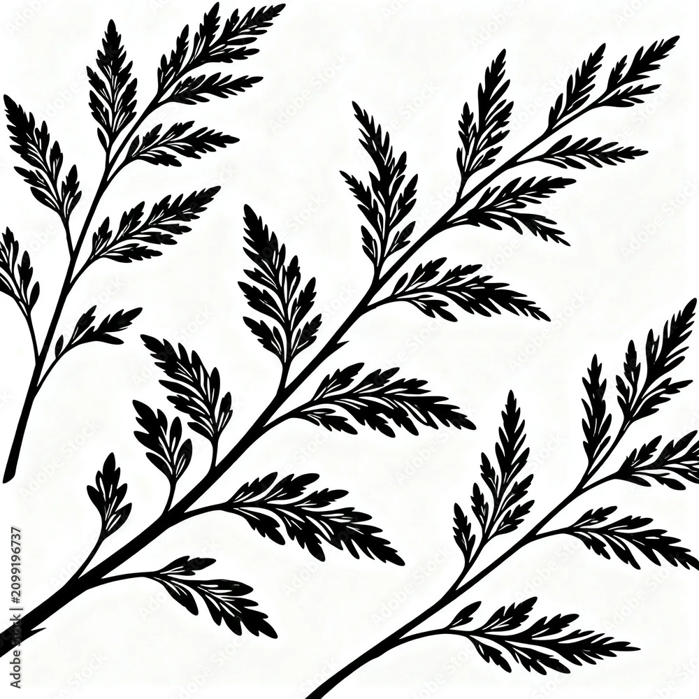 Fototapeta premium Black Fern Silhouettes on White Background