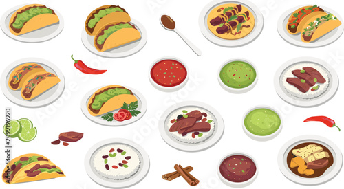 Schilderij op canvas Mexican Food Collection with Tacos Burritos Rice Dips Salsa Guacamole and Tradit