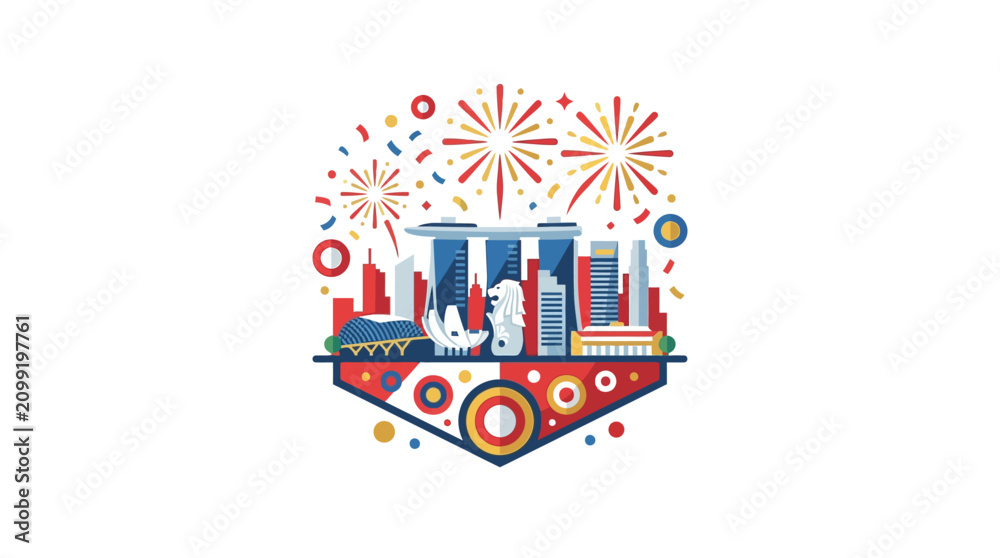 Naklejka premium Celebratory Fireworks Display Over City Skyline with Elegant Arch Frame and Decorative Banners
