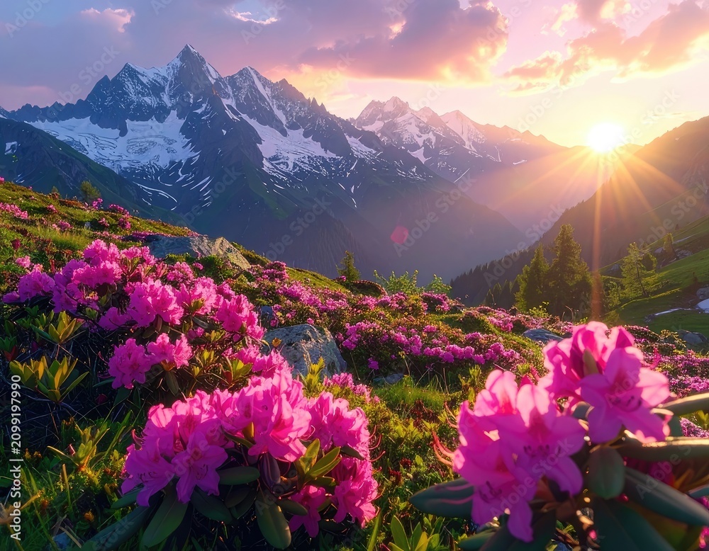 Fototapeta premium A stunning mountain landscape bathed in the golden light of a setting sun, with vibrant pink rhododendrons in the foreground.