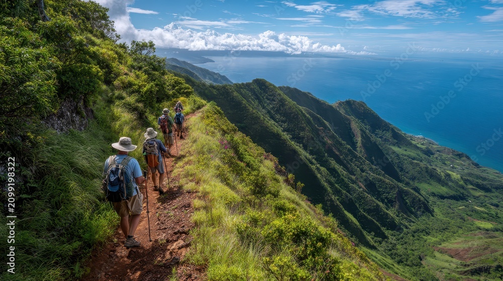 Obraz premium Hikers on Waihee Ridge Trail in Maui, Hawaii, with lush rainforest and ocean views
