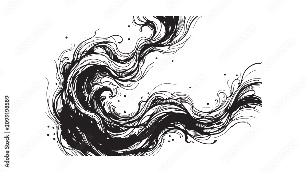 Fototapeta premium Abstract Black and White Swirling Wavy Lines with Ink Splatters
