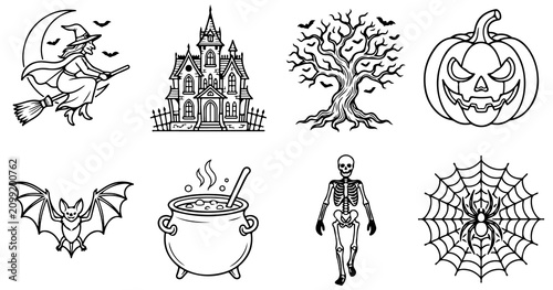 Foto Set of eight halloween icons featuring witch haunted house pumpkin and skeleton illustrations for festive spooky seasonal design