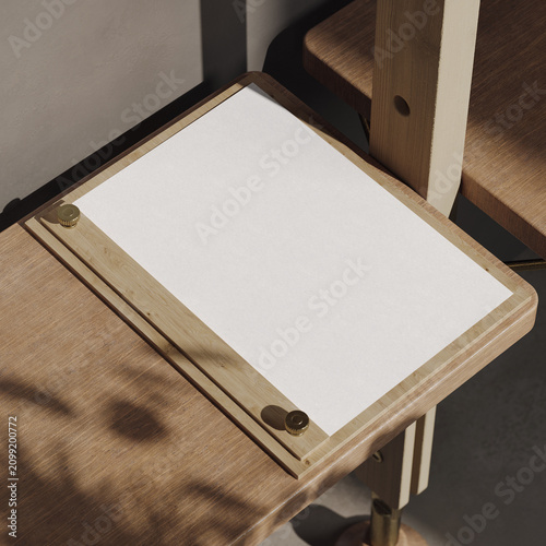 Wooden menu board with binding screws mockup. 3D rendering