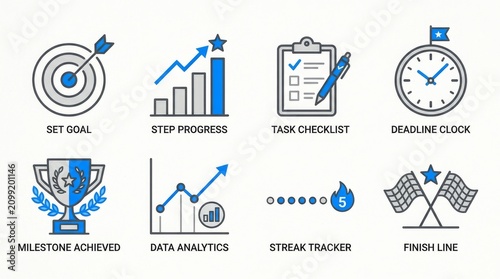 Business goal tracking icons. Vector set for project management and performance analysis.