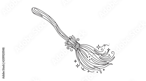 Fotografija Witch broomstick line art vector, mystical magic broom with sparkles, celestial