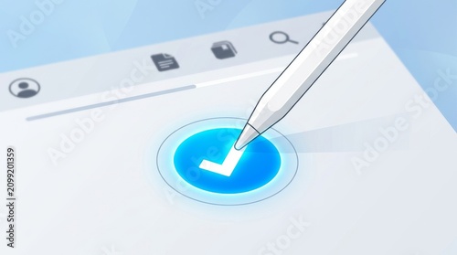 Stylus pen selecting a checkmark on tablet. Digital task completion and approval concept.