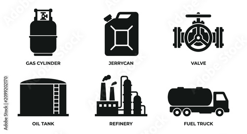 Quadro su tela Oil And Gas Industry Icons Black Silhouette Vector Set On White