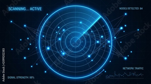 Futuristic scanning interface with glowing digital display. High-tech radar visualization for technology and cybersecurity projects