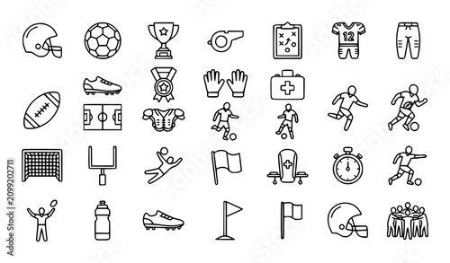 Принти на полотні Sports line icons featuring soccer and American football equipment stadium and g