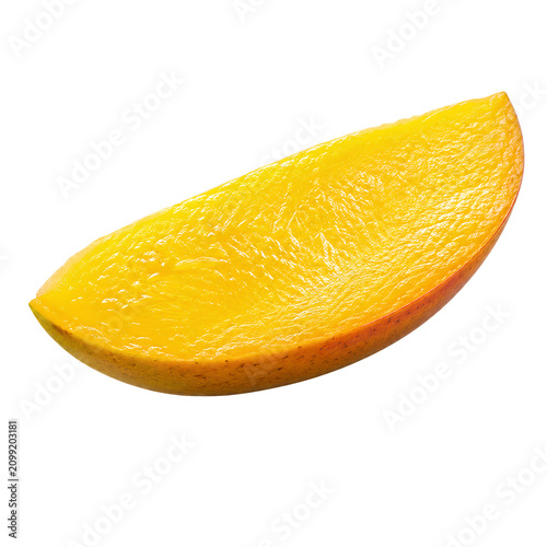 A single fresh slice of ripe yellow mango is isolated against a clean white background.