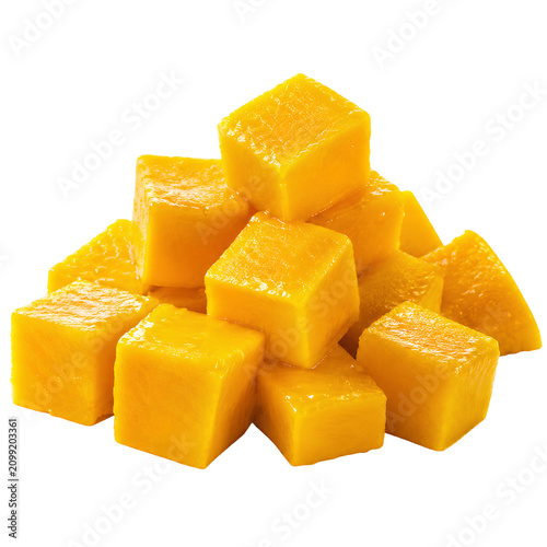 A pile of fresh, vibrant orange mango cubes is arranged against a plain white background.