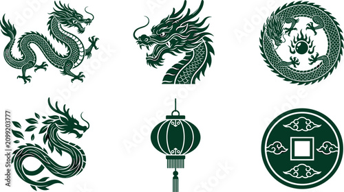 Quadro su tela Chinese Dragon and Lunar New Year Icon Set with Traditional Serpent Monsters Lan