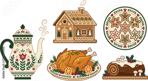 Konstfotografi Christmas Holiday Food Set with Teapot Gingerbread House Cookie Roast Turkey Yul
