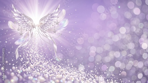 Abstract angel with sparkling light on purple background  