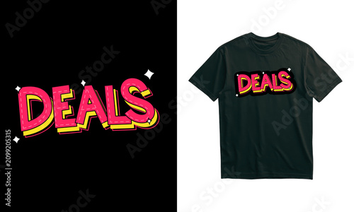 Deals Typography T-Shirt Design with Playful Pink and Yellow 3D Bubble Text and Sparkles