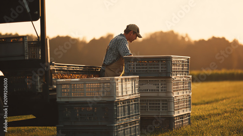 A farmer carefully inspects freshly harvested produce stacked in crates during a beautiful sunset in an open field.