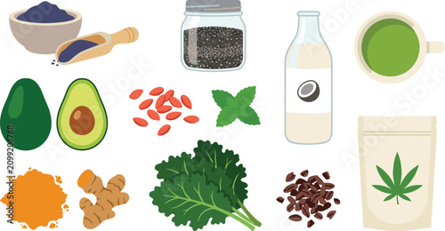 Canvastavla Healthy Superfood Ingredients Collection with Avocado Matcha Chia Turmeric Ginge