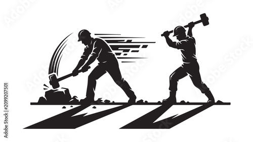 Construction Workers Breaking Rocks with Pickaxes Silhouette