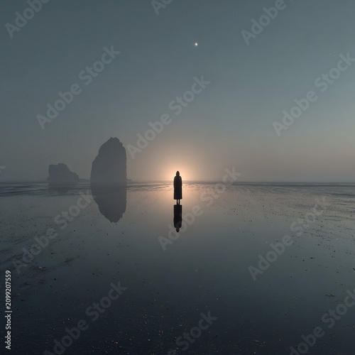 Surreal Moonlit Mirror Lake with Solitary Person and Dreamlike Atmosphere