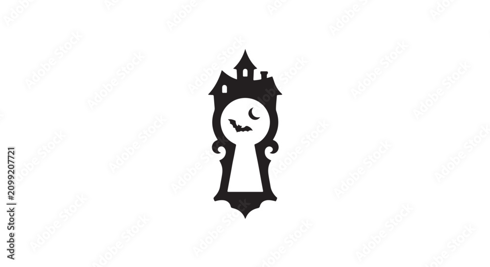 Fototapeta premium A minimalist haunted house keyhole silhouette revealing a tiny moon and bat inside the keyhole, single-image concept, premium black and white vector