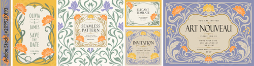 Art Nouveau Gala vector set with ornate floral frame, vintage typography, flowers, ornament, plant and decorative design elements for wedding invitation, poster, card, border or classic branding	
