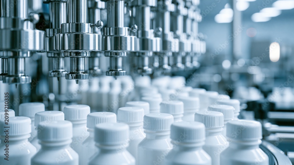 Fototapeta premium Rows of laboratory bottles with caps in a blue scientific facility