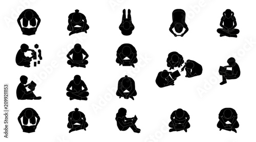 Top View Reading Children Silhouette Vector Collection for Architectural CAD Plans
