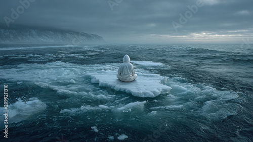 Woman Meditating on Floating Ice Floe in Stormy Ocean Climate Concept