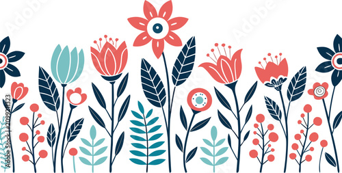 Scandinavian Floral Border Vector - Nordic Folk Art Flowers, Leaves and Berries Pattern for Wedding Invitation, Textile, Wallpaper, Greeting Card Design