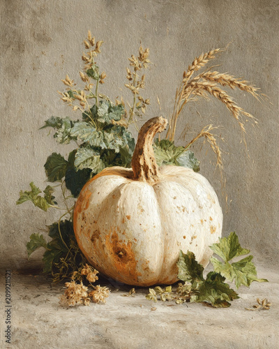 Hand Painted Autumn Pumpkin Illustration with Rustic Cottagecore Decor